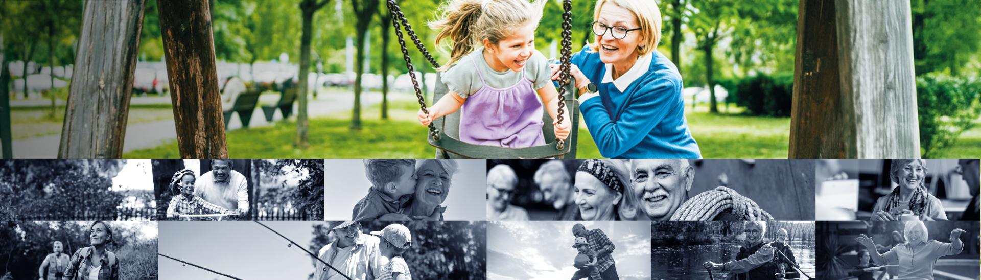 Varias imágenes de personas activas disfrutando de su familia y del aire libre.